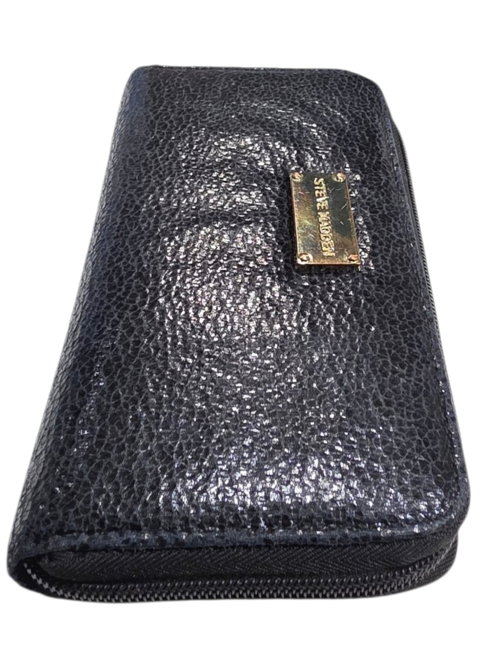 Steve Madden Black Metallic Zip Around Wallet Gold Logo Plate Used - Picture 2 of 9